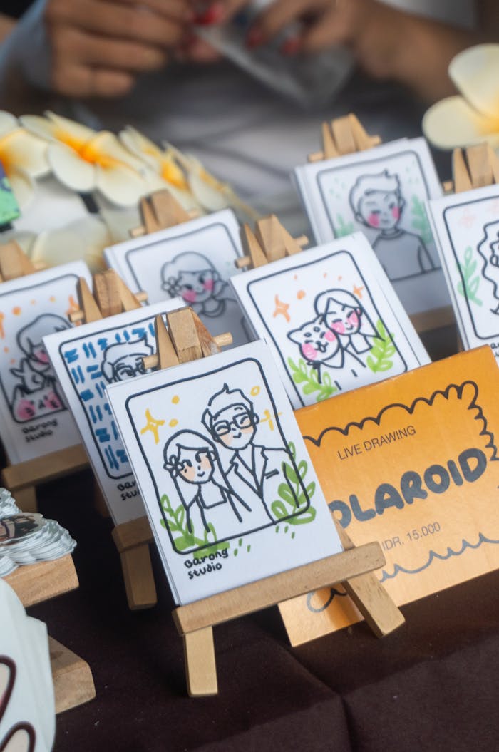 Charming miniature portrait display at Bali craft market showcasing unique art styles.